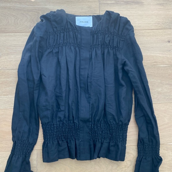 SOLD FRAME Smocked Zip Front Black Linen Jacket - Picture 6 of 9